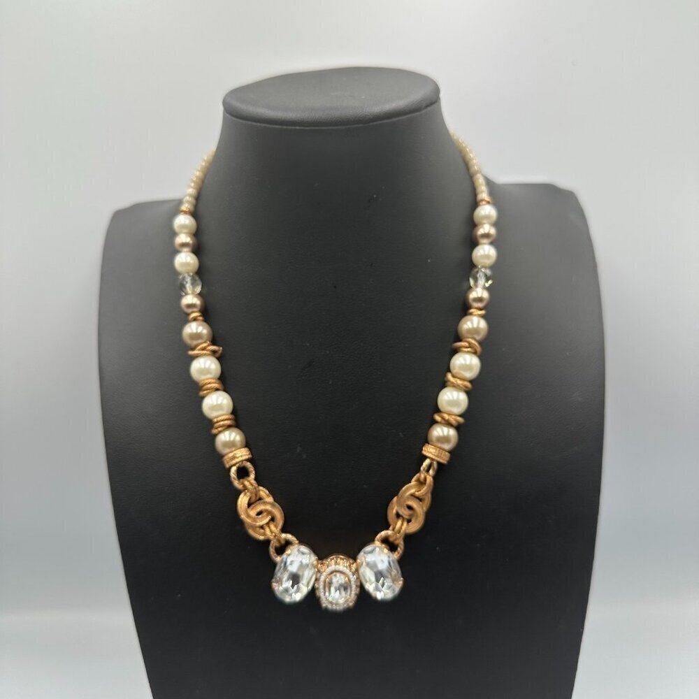 Elisabetta Ricciardi Necklace Rose Gold Tone Faux Pearl Clear Crystal Beaded 16"